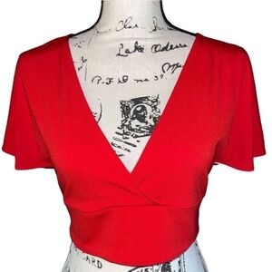 Divided Red Wrap Front Flutter Sleeve Tie Back Crop‎ Top Size S